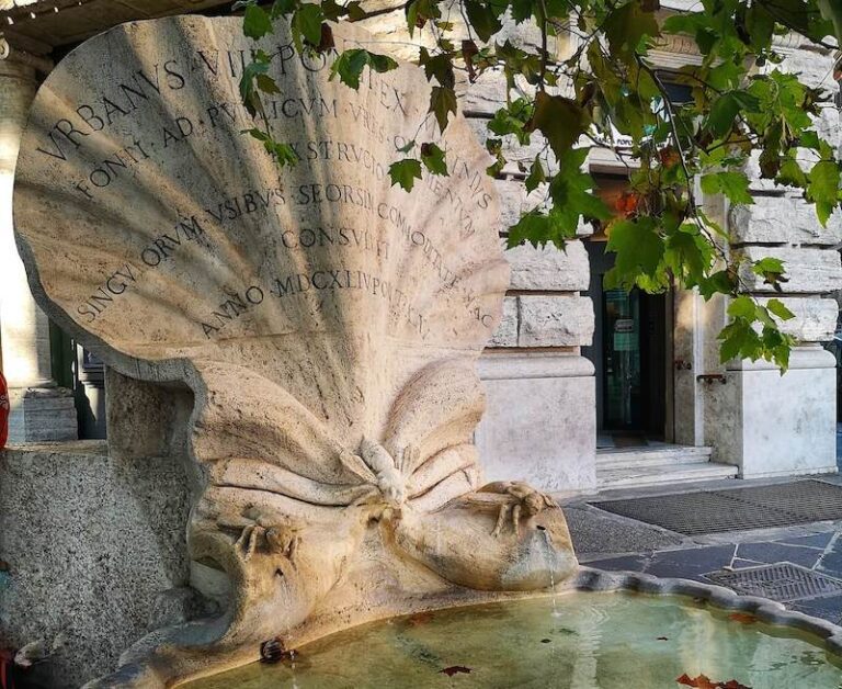 Bernini's Fountain of the Bees at the end of via Veneto in rome shows a scallop shaped back witha basin beneath