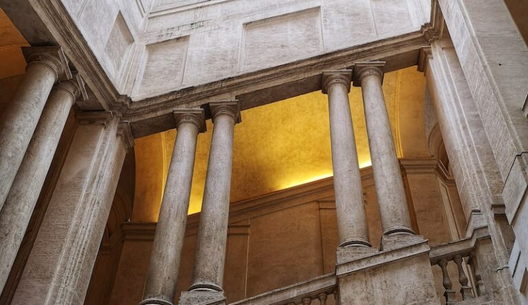Upward view from the ground of Bernini's square staircase in the Palazzo Barberini in Rome