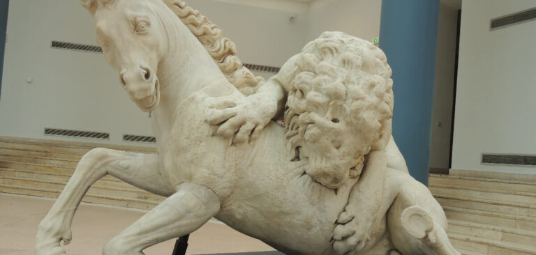Lion attacking horse statue, located in the Capitoline Museums
