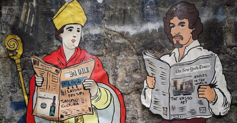 San Gennaro and Caravaggio hanging out in a Neapolitan mural by street artist Roxy in the Box.