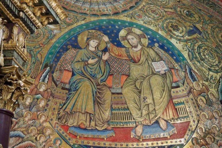 13th century apse Mosaic of Santa Maria Maggiore showing Coronation of the Virgin, with Christ crowning his mother in heaven..